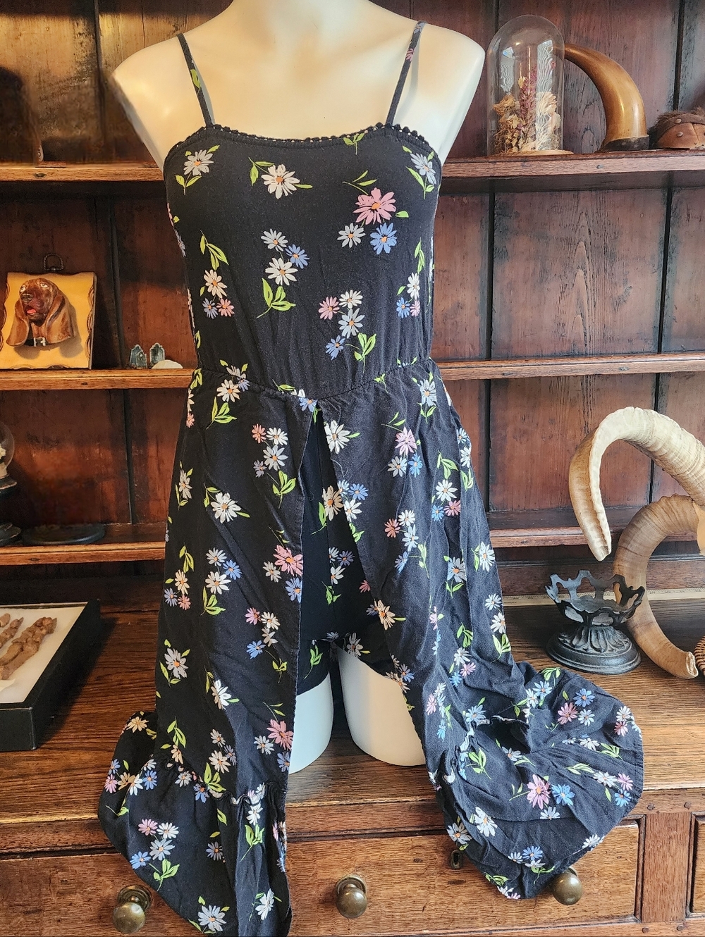 Black Floral Spaghetti-Strap Jumpsuit with Flower Accents